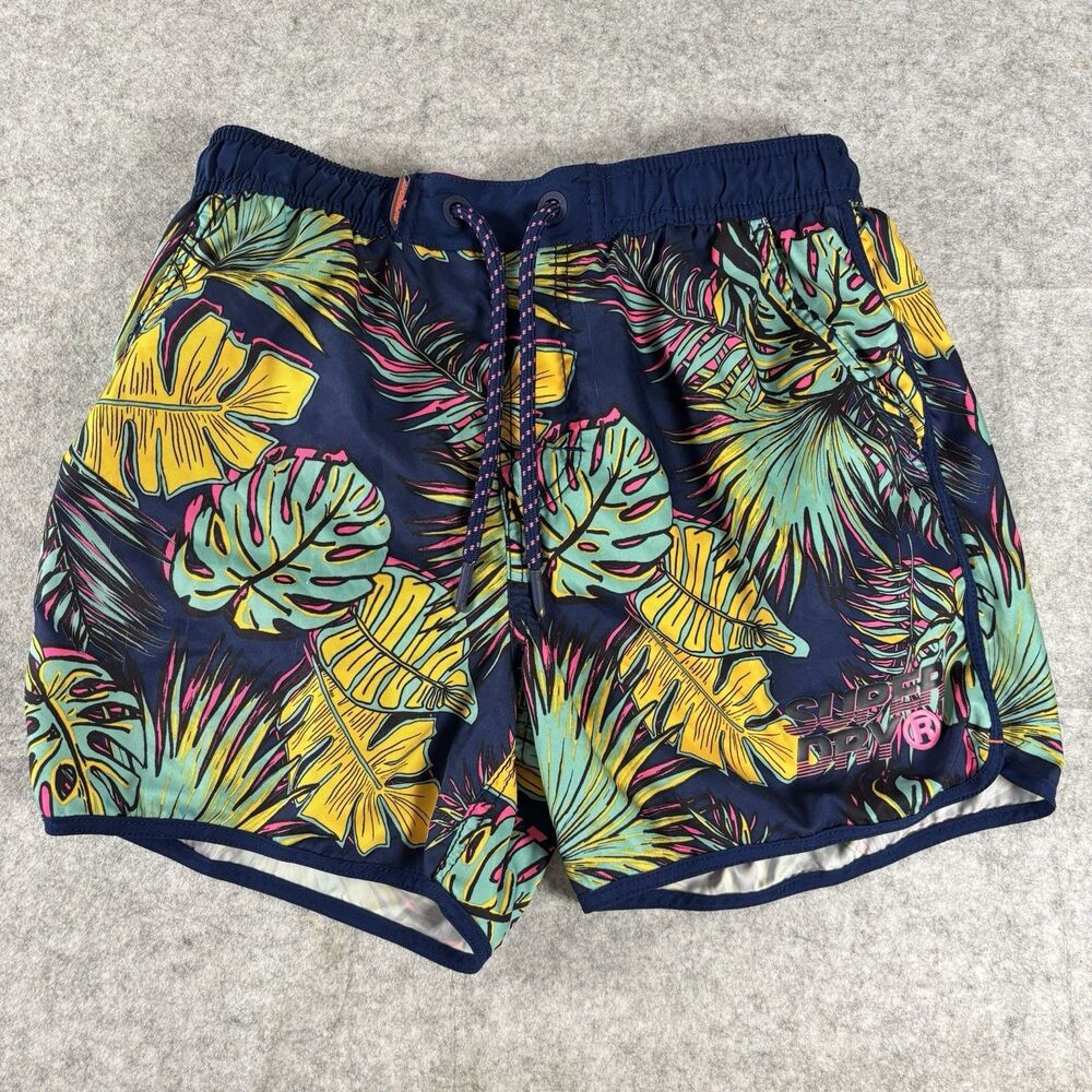 Superdry Swim Trunks Tropical Foilage Blue Green Yellow Pink Mens Medium EUC